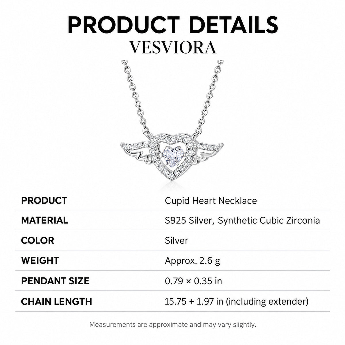 VESVIORA Cupid Heart Wing Necklace S925 Sterling Silver