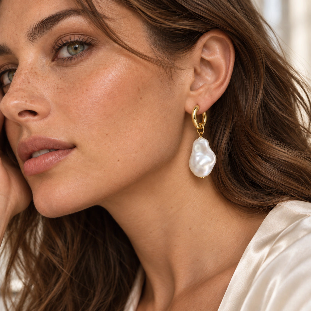 VESVIORA Baroque Imitation Pearl Drop Huggie Hoop Earrings