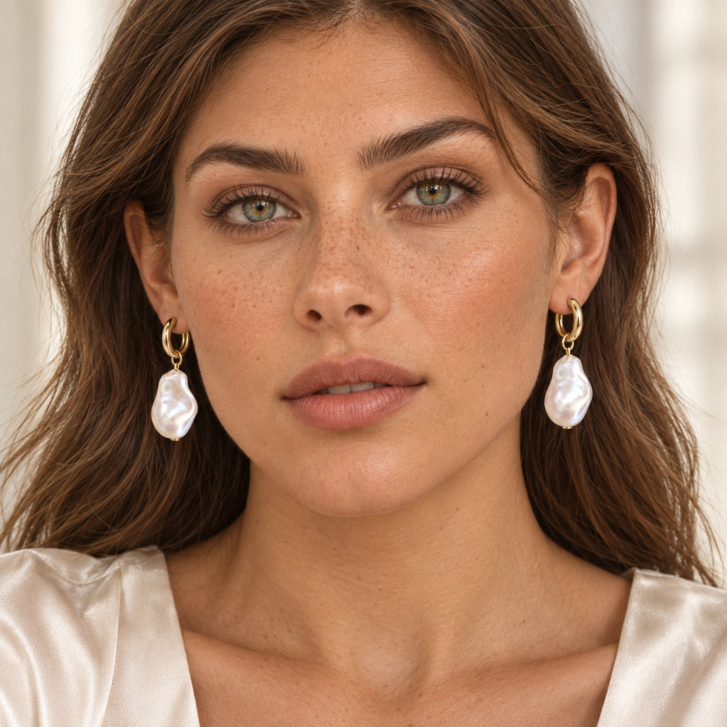 VESVIORA Baroque Imitation Pearl Drop Huggie Hoop Earrings
