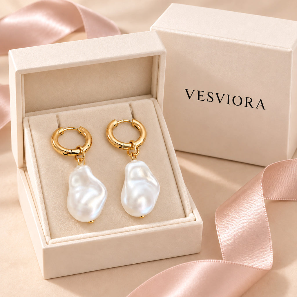 VESVIORA Baroque Imitation Pearl Drop Huggie Hoop Earrings