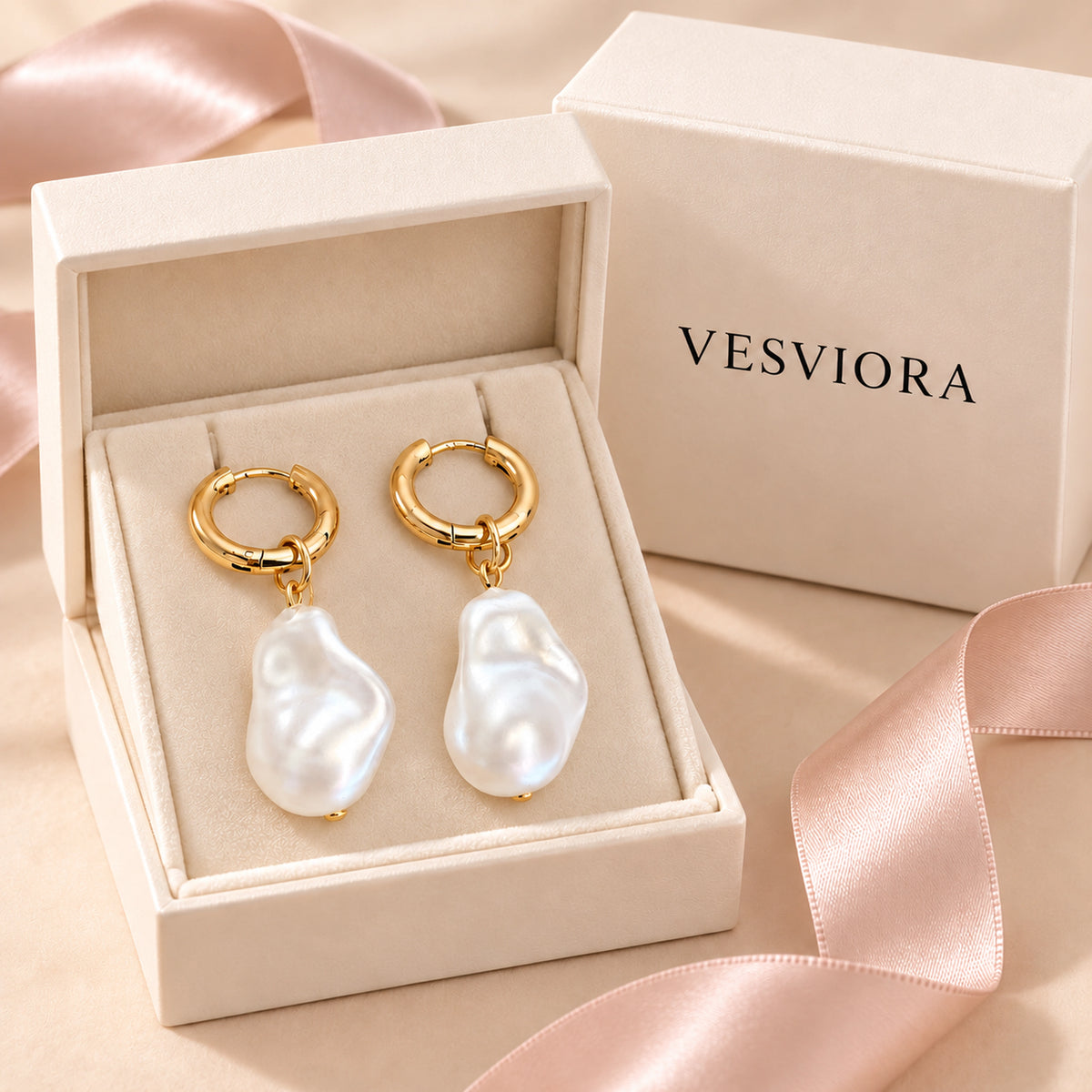 VESVIORA Baroque Imitation Pearl Drop Huggie Hoop Earrings
