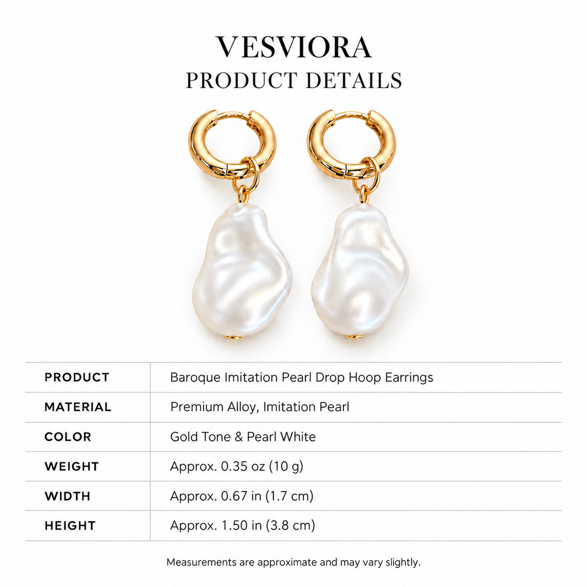 VESVIORA Baroque Imitation Pearl Drop Huggie Hoop Earrings