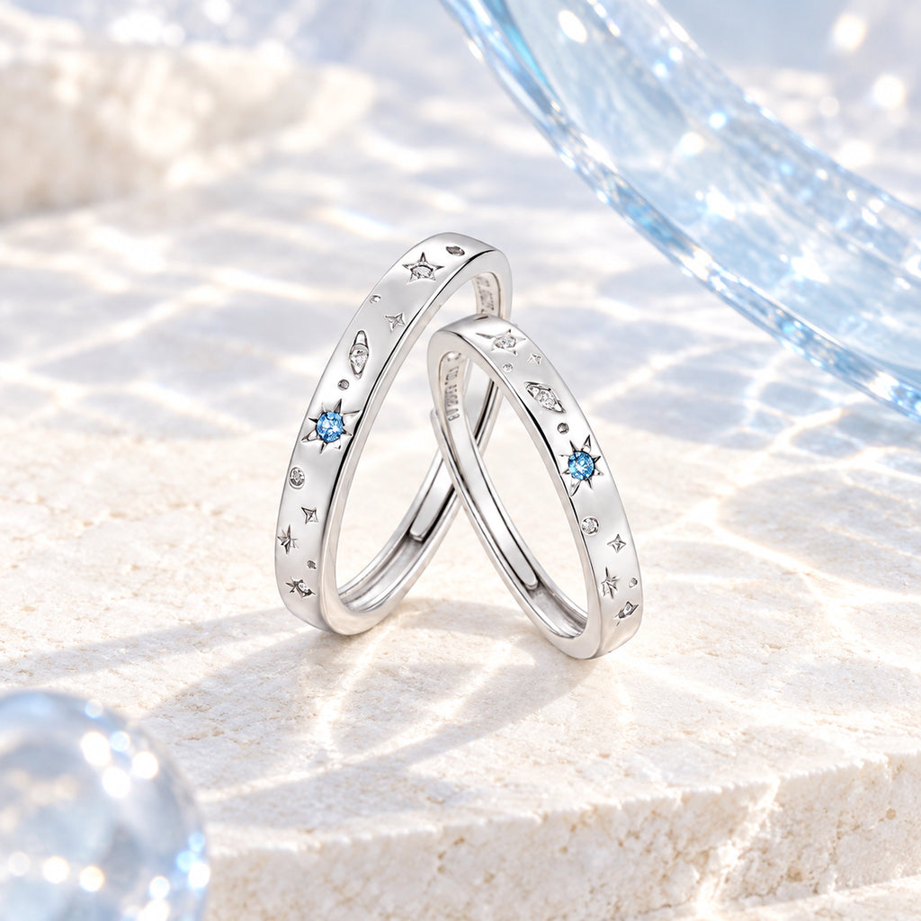 VESVIORA Galaxy Compass Couple Rings S925 Silver Set