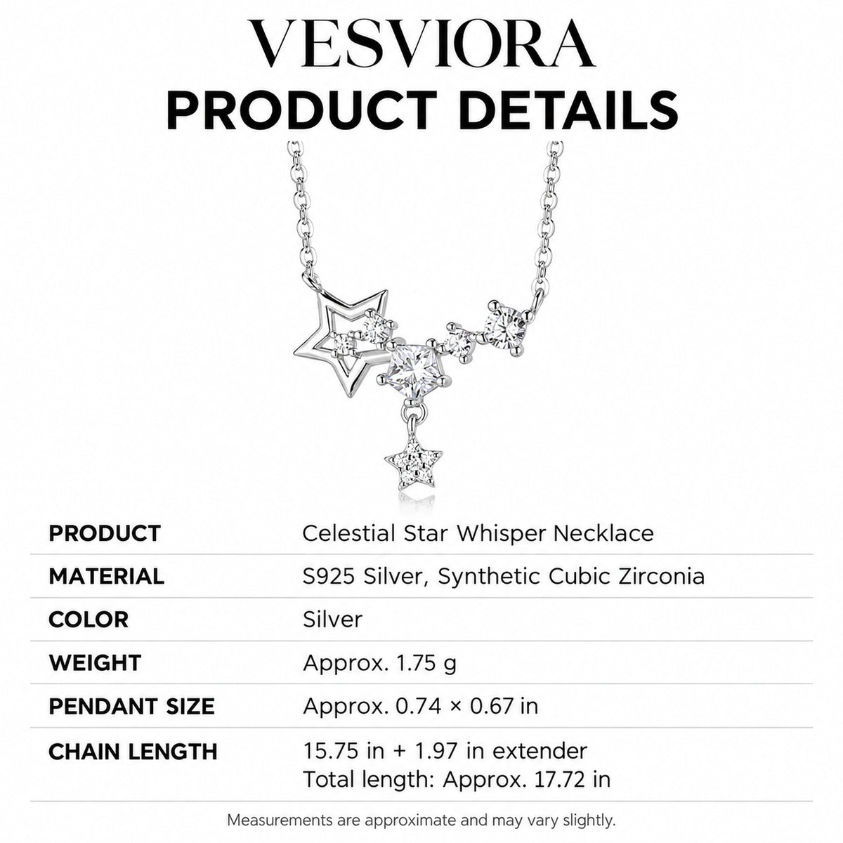 VESVIORA Celestial Star Necklace in S925 Sterling Silver