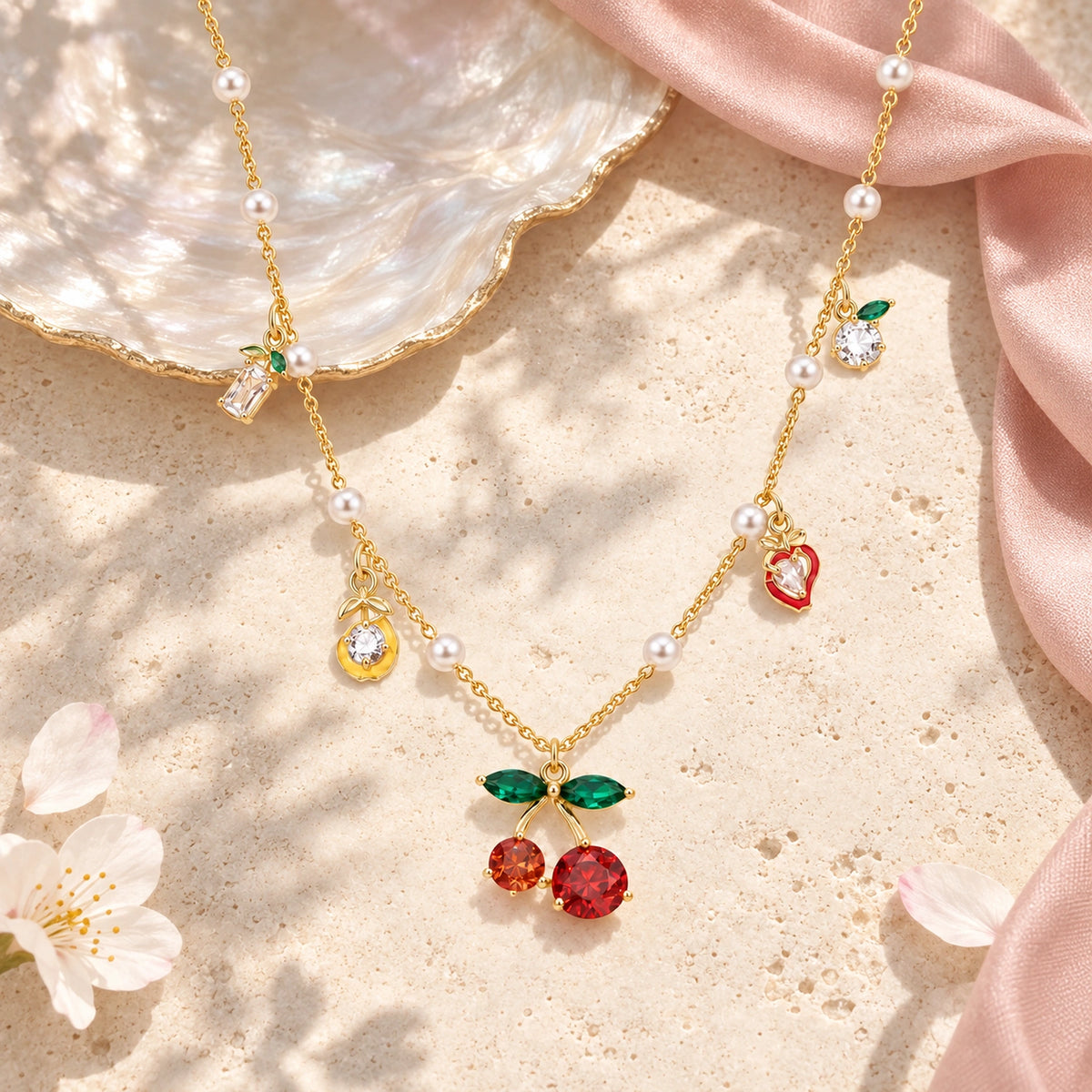 Vesviora Cherry Pearl & Fruit Charm Necklace