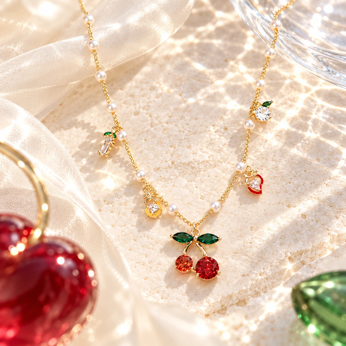 Vesviora Cherry Pearl & Fruit Charm Necklace