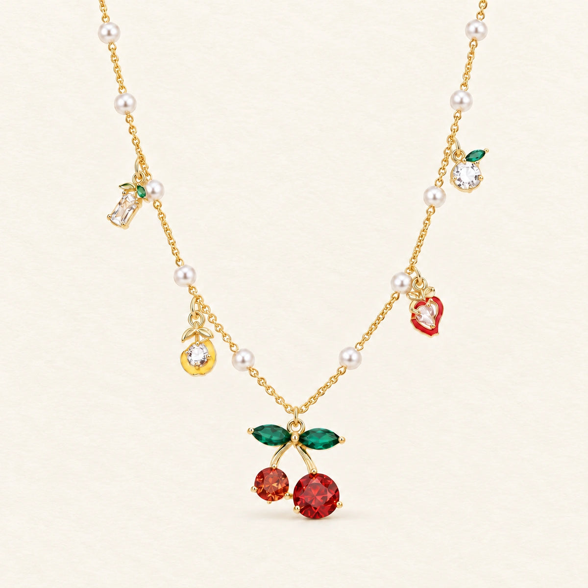 Vesviora Cherry Pearl & Fruit Charm Necklace