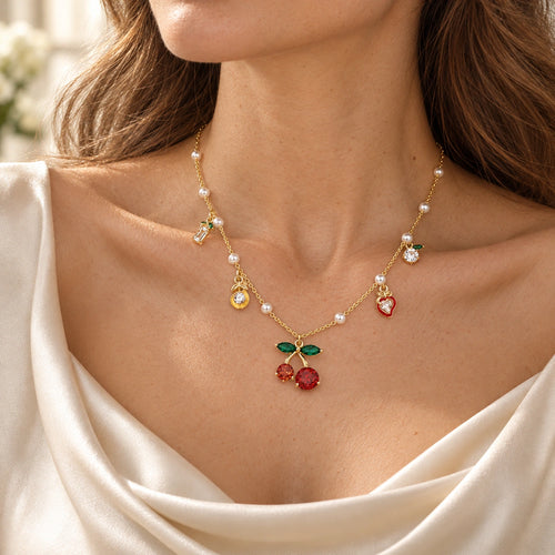 Vesviora Cherry Pearl & Fruit Charm Necklace