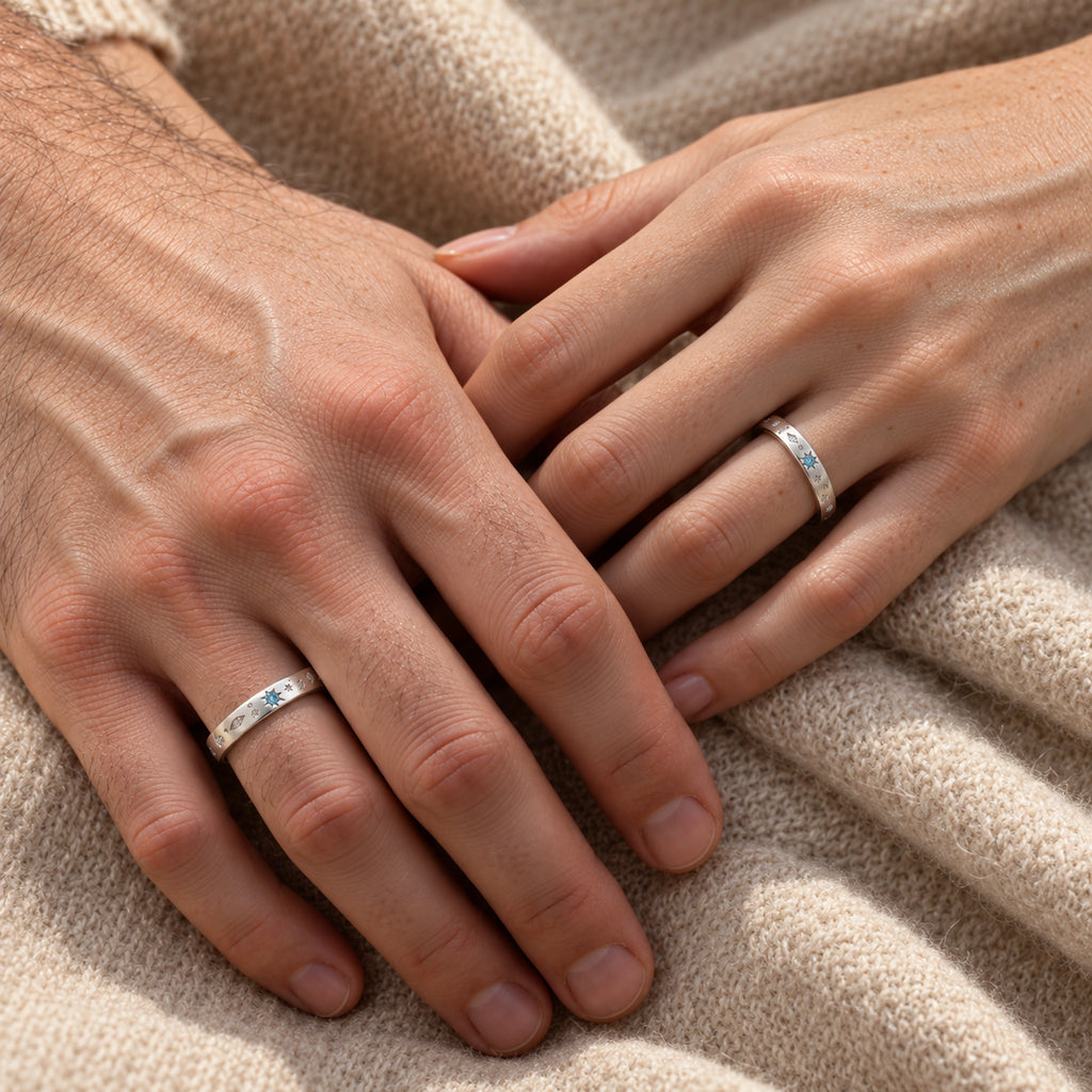 VESVIORA Galaxy Compass Couple Rings S925 Silver Set