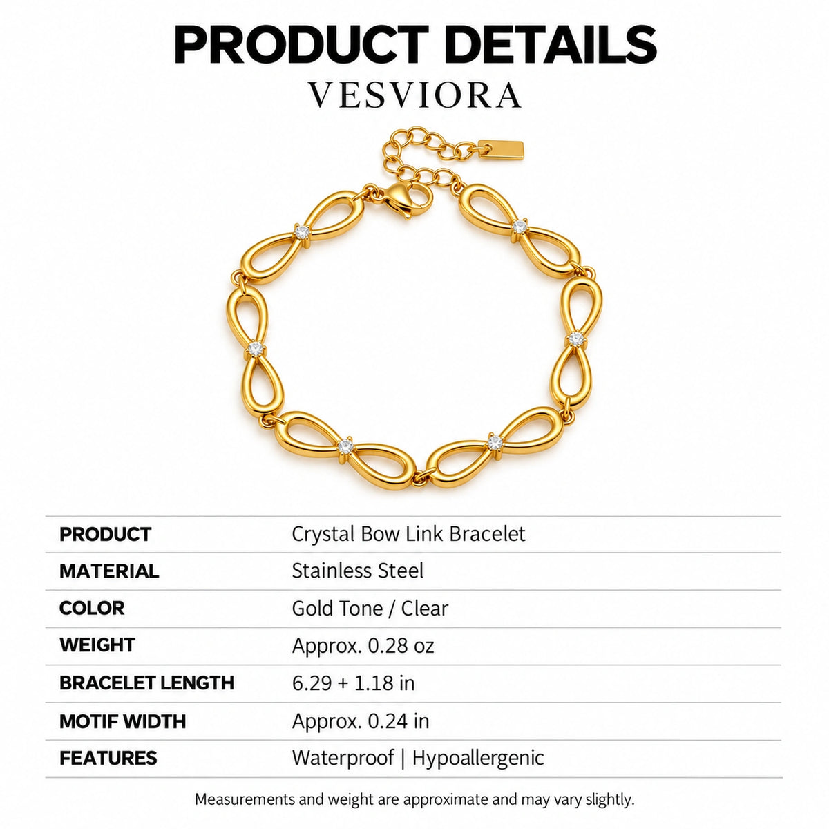 Vesviora Gold Crystal Bow Link Bracelet