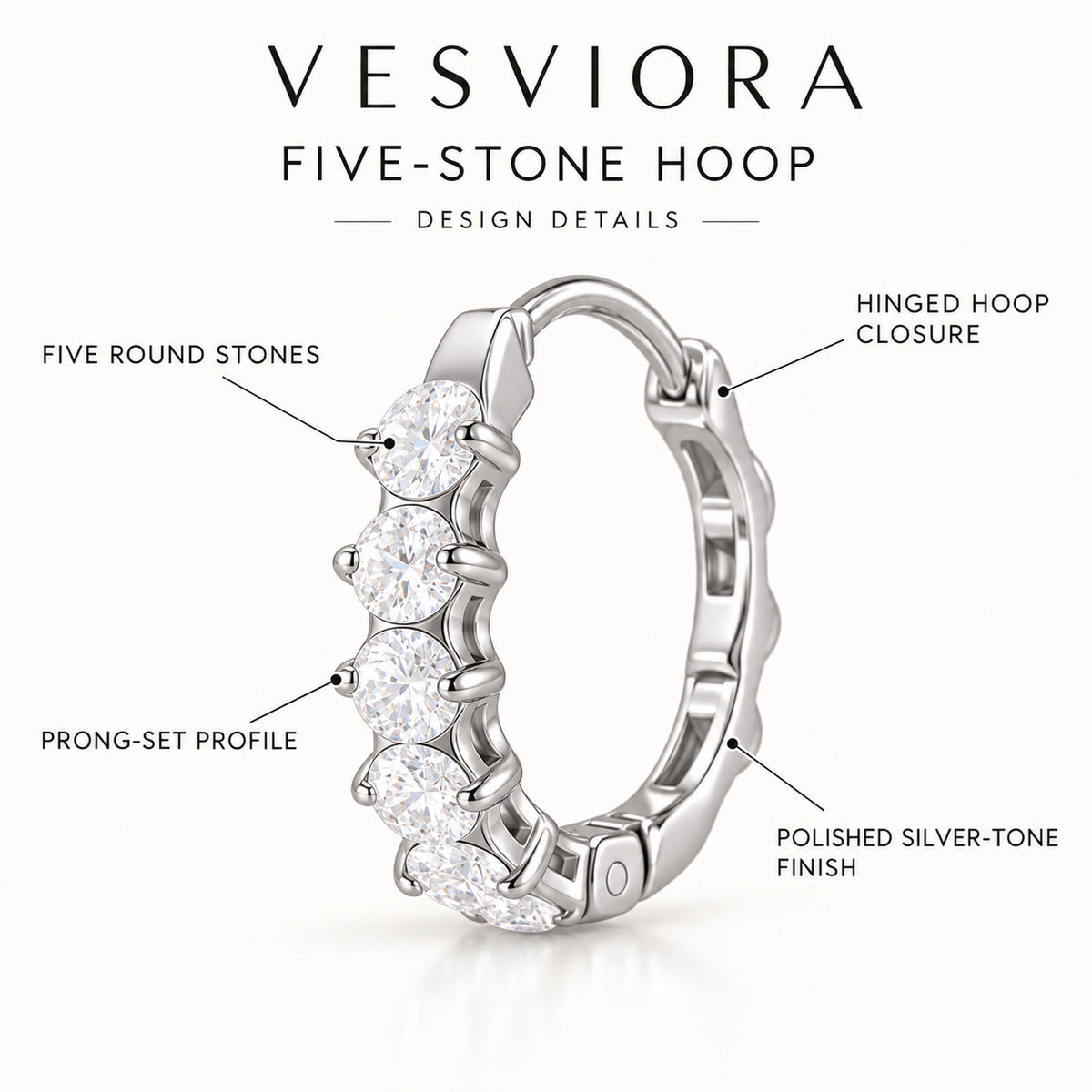 VESVIORA Silver-Tone Five-Stone Cubic Zirconia Hoop Earrings