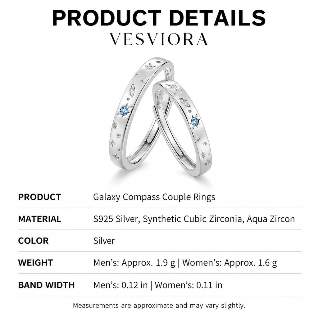 VESVIORA Galaxy Compass Couple Rings S925 Silver Set
