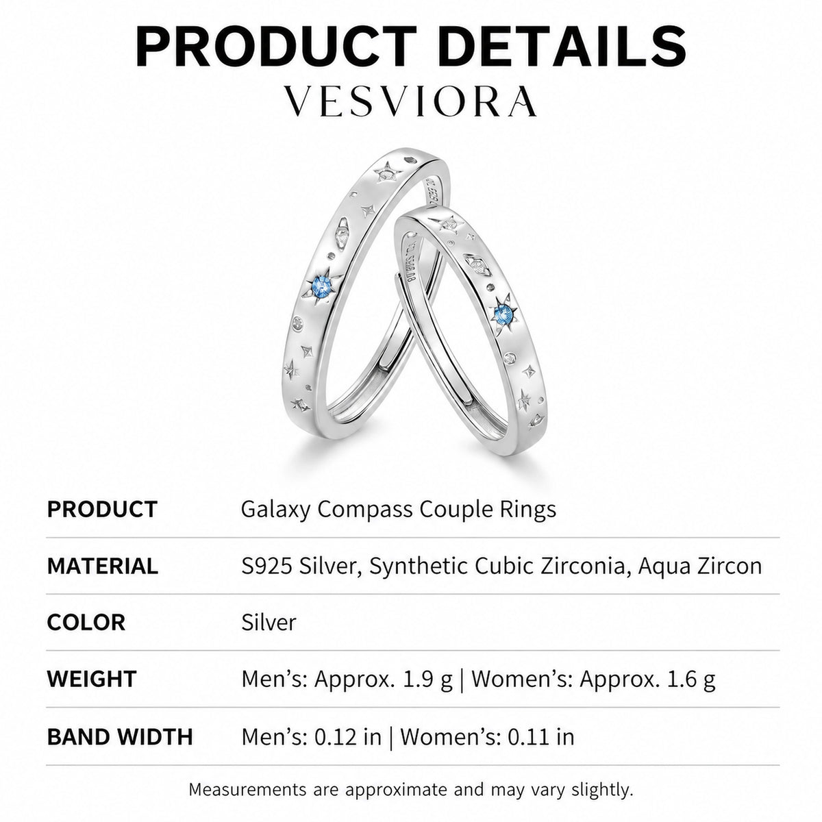 VESVIORA Galaxy Compass Couple Rings S925 Silver Set