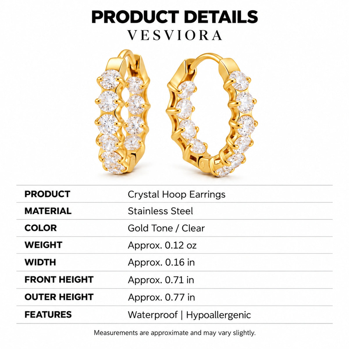 VESVIORA Gold-Tone Cubic Zirconia Huggie Hoop Earrings