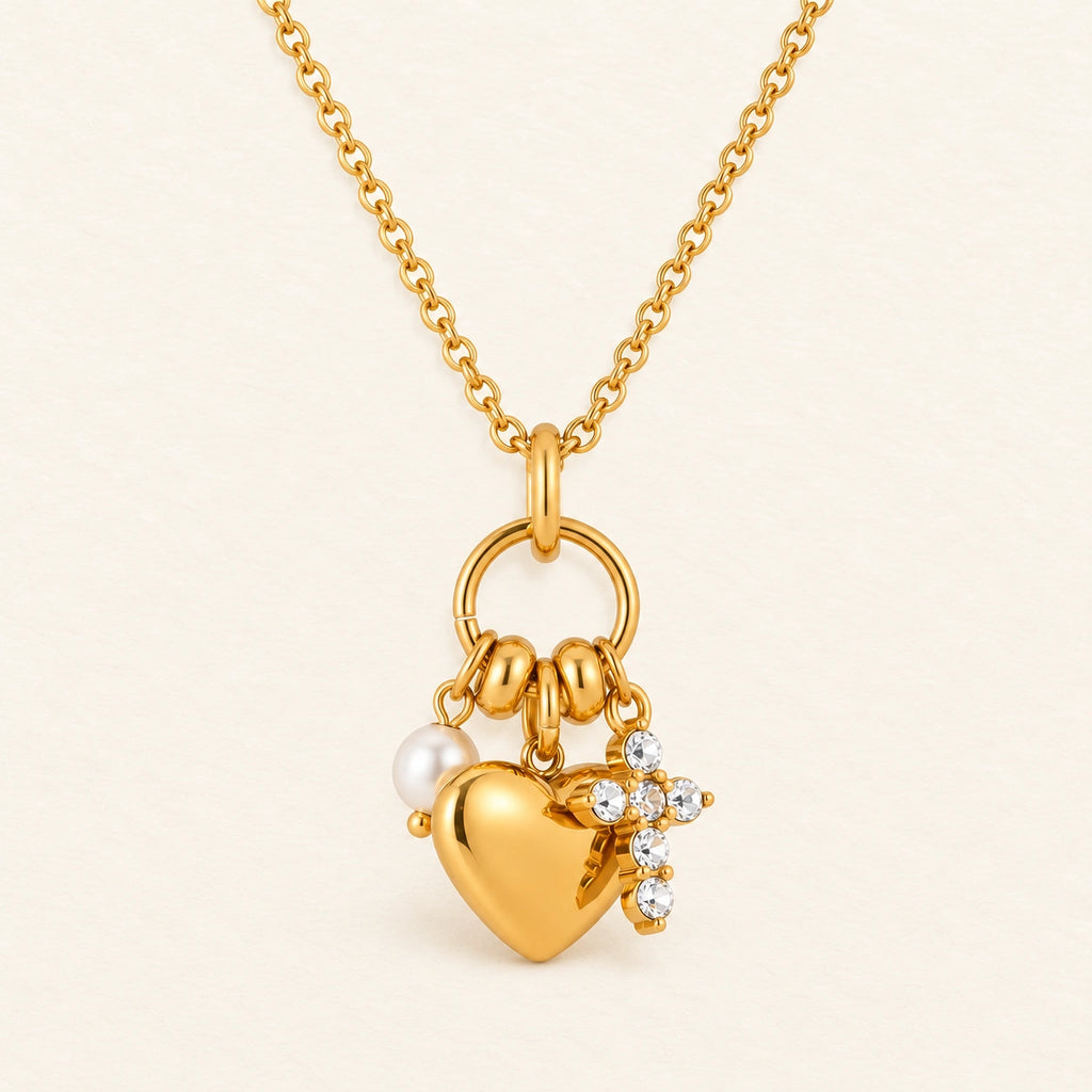 Vesviora Gold Heart Necklace with Pearl & Crystal Charms