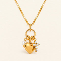 Vesviora Gold Heart Necklace with Pearl & Crystal Charms