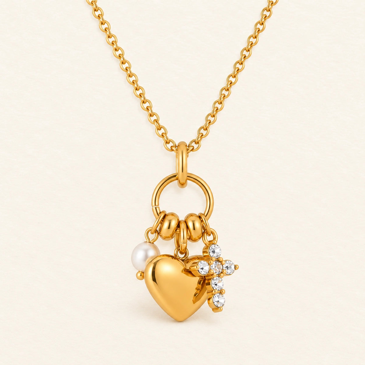 Vesviora Gold Heart Necklace with Pearl & Crystal Charms