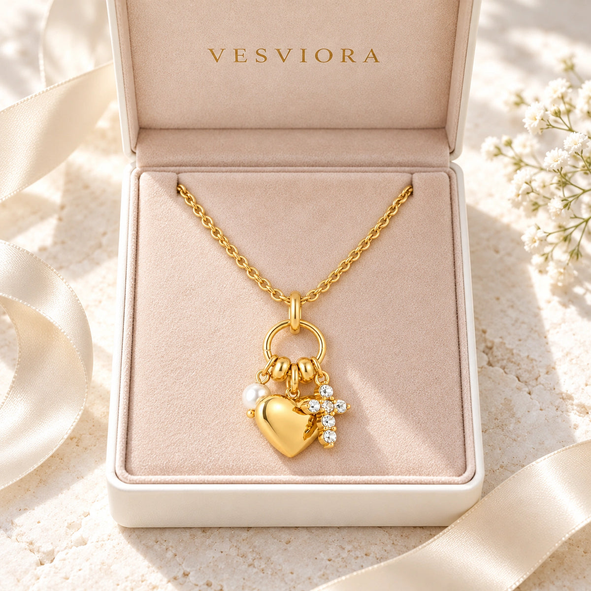 Vesviora Gold Heart Necklace with Pearl & Crystal Charms