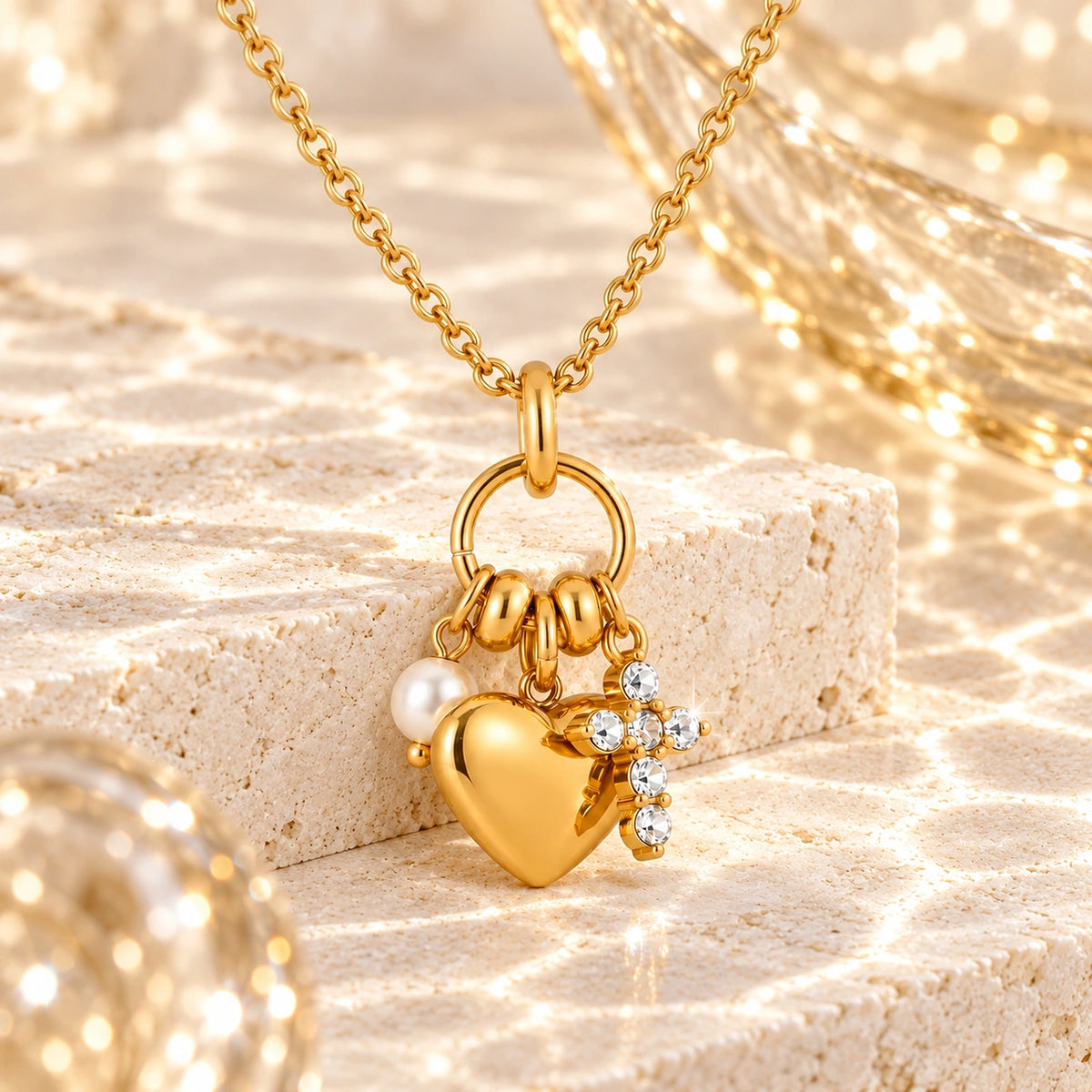Vesviora Gold Heart Necklace with Pearl & Crystal Charms