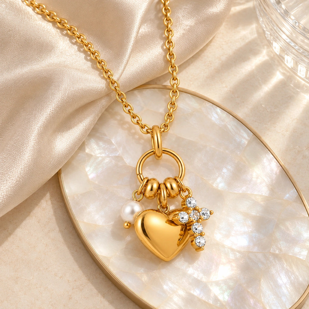 Vesviora Gold Heart Necklace with Pearl & Crystal Charms