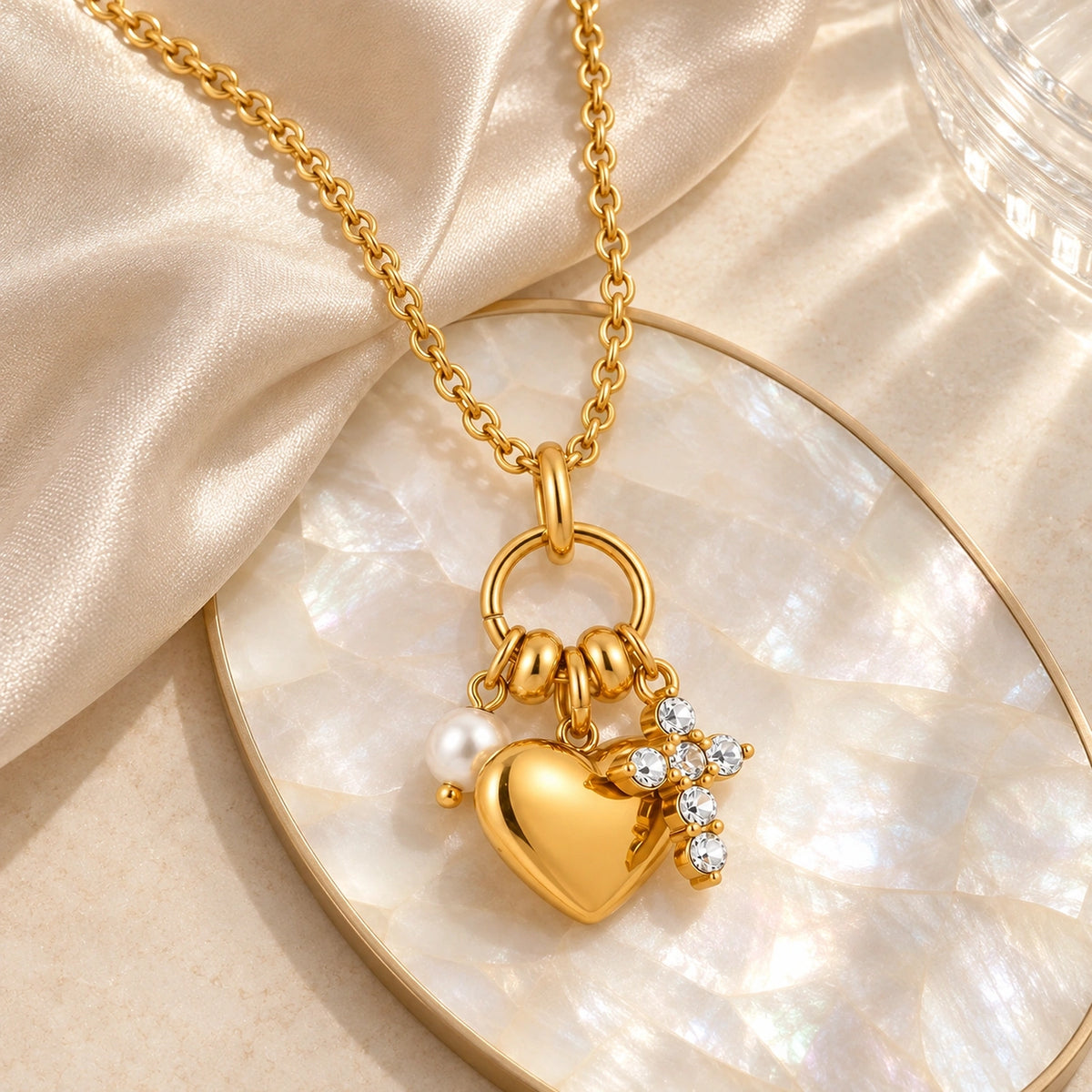 Vesviora Gold Heart Necklace with Pearl & Crystal Charms