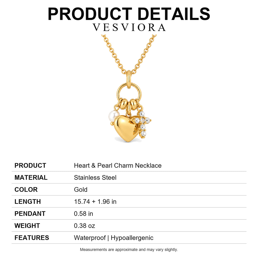 Vesviora Gold Heart Necklace with Pearl & Crystal Charms