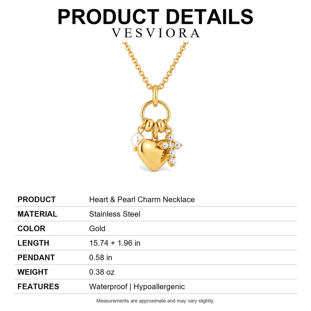Vesviora Gold Heart Necklace with Pearl & Crystal Charms