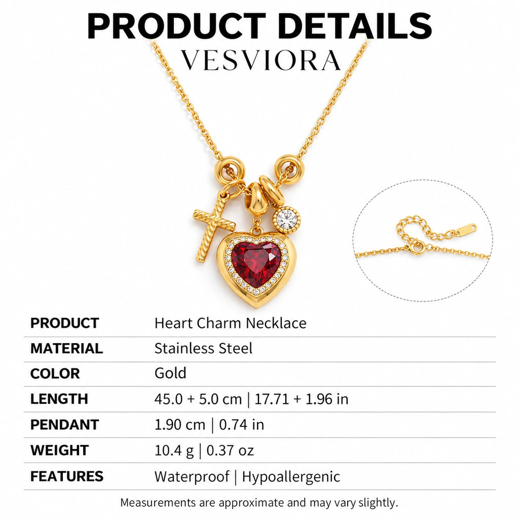 Vesviora Crimson Devotion Heart & Cross Charm Necklace