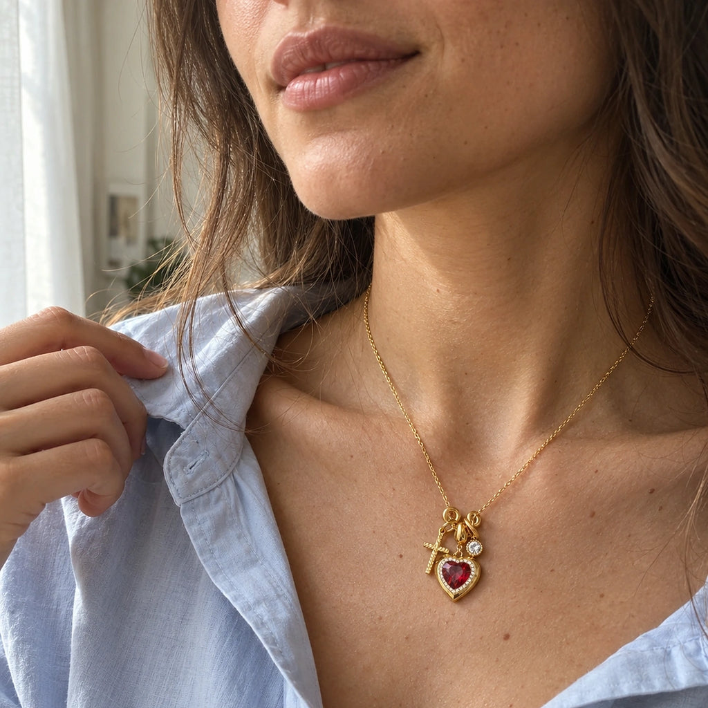 Vesviora Crimson Devotion Heart & Cross Charm Necklace