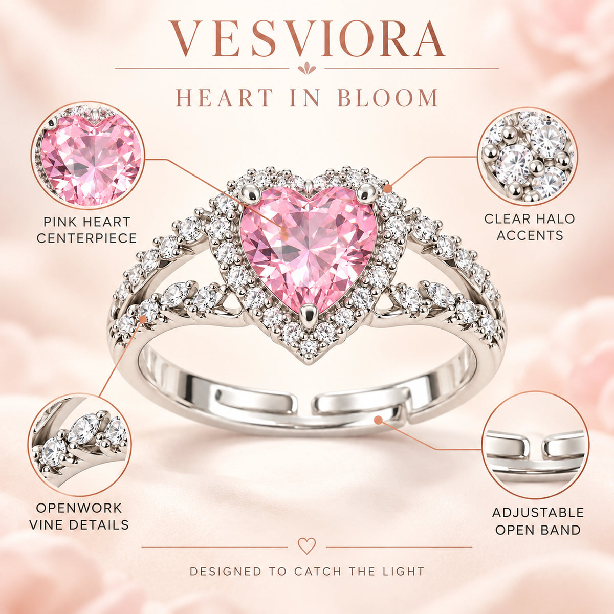 VESVIORA Pink Heart Halo Adjustable Ring