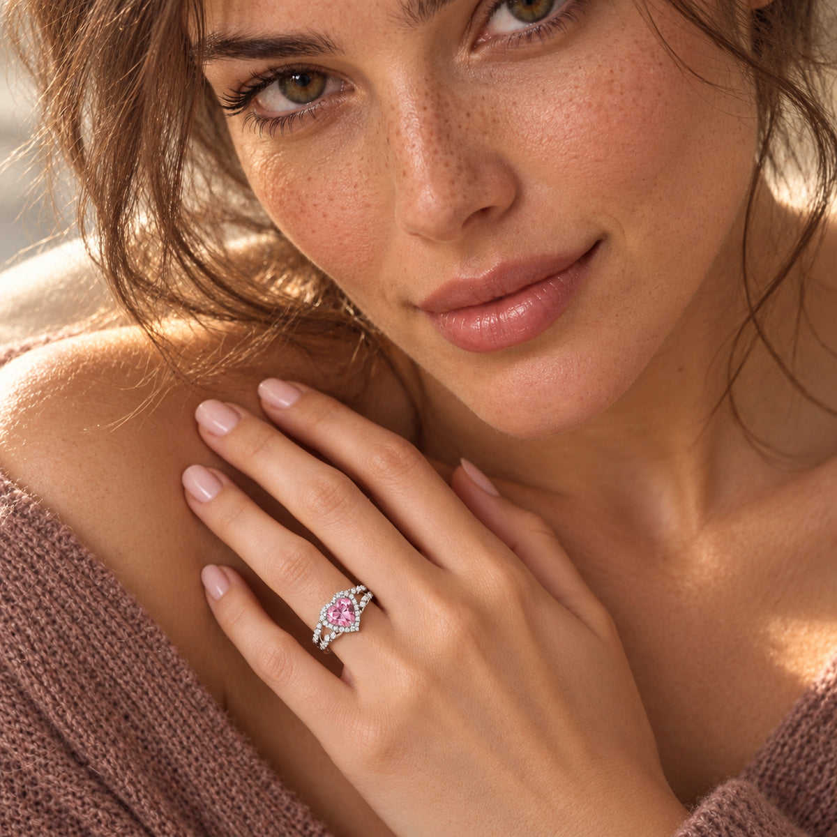 VESVIORA Pink Heart Halo Adjustable Ring