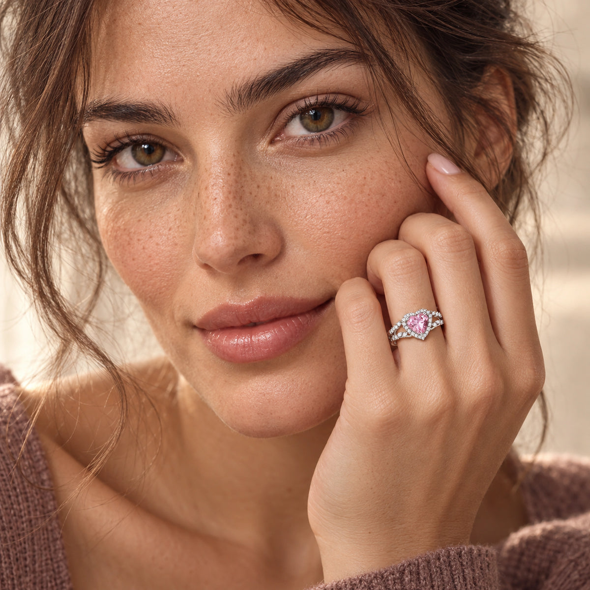 VESVIORA Pink Heart Halo Adjustable Ring