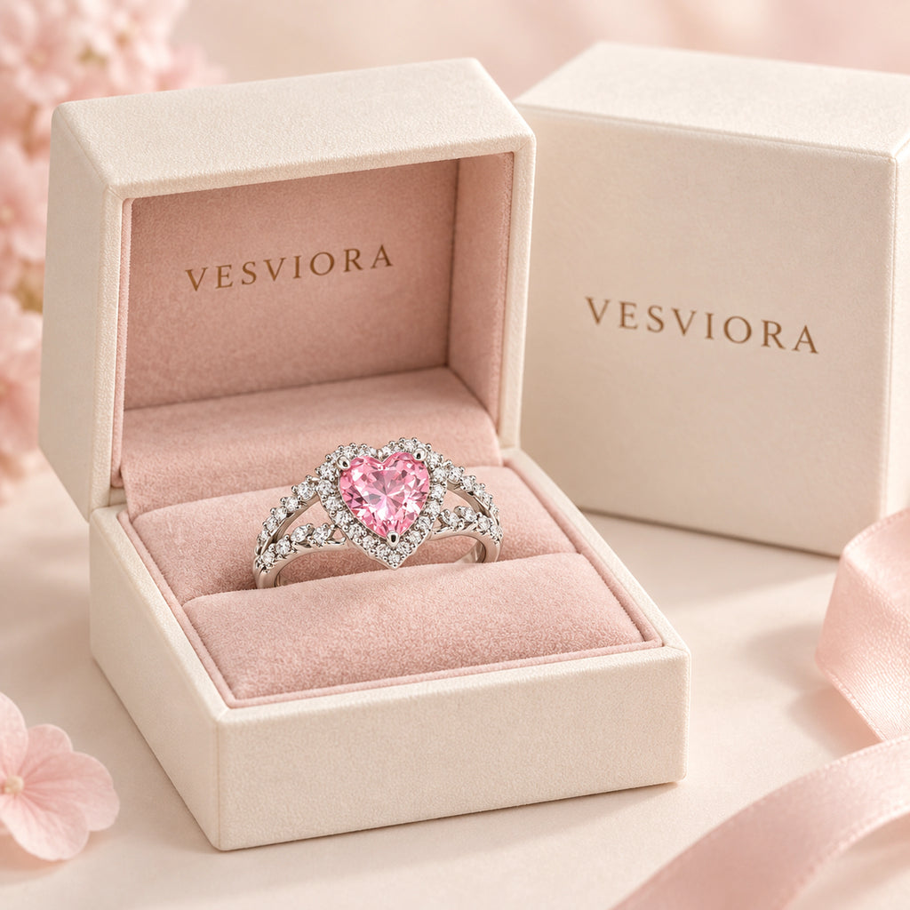 VESVIORA Pink Heart Halo Adjustable Ring