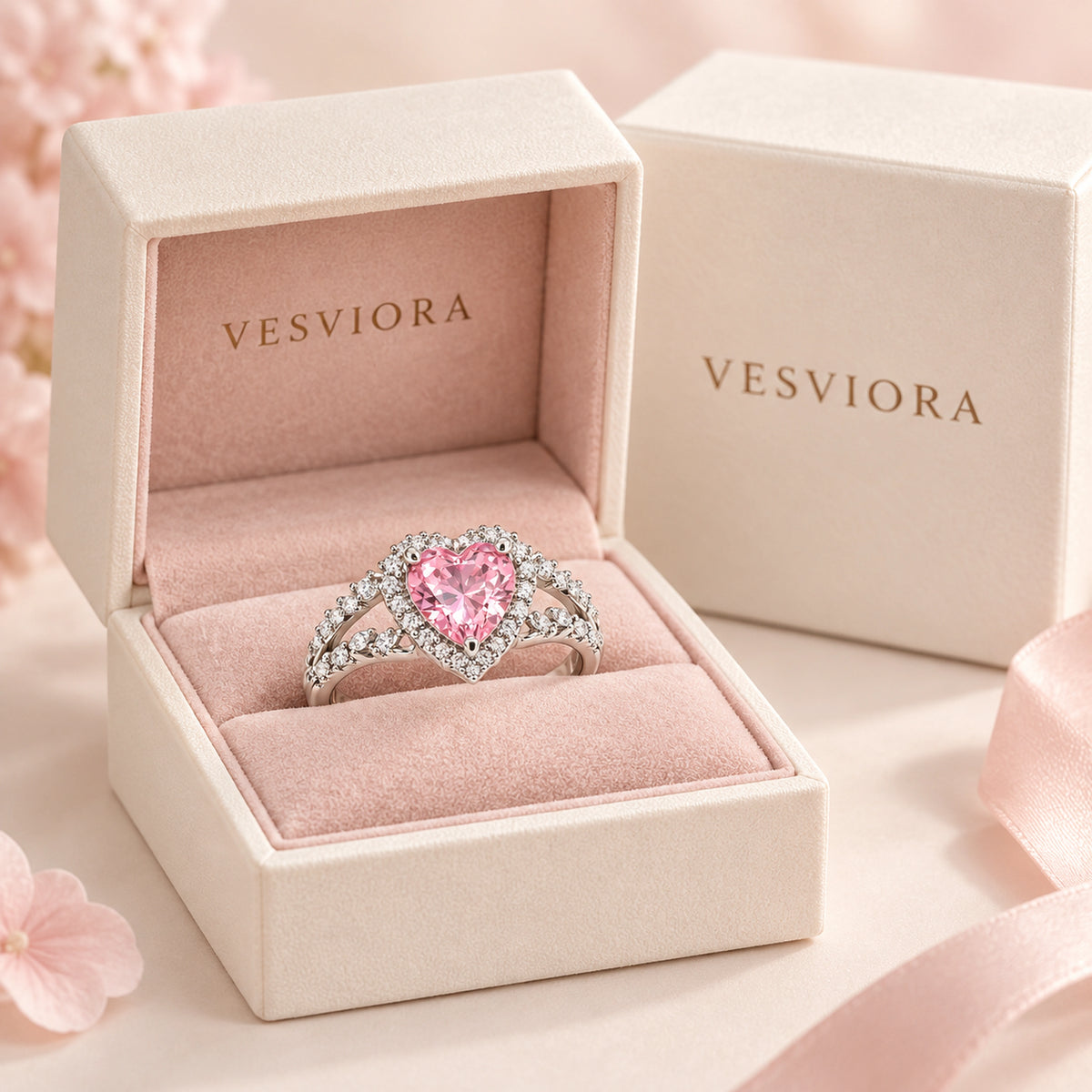VESVIORA Pink Heart Halo Adjustable Ring