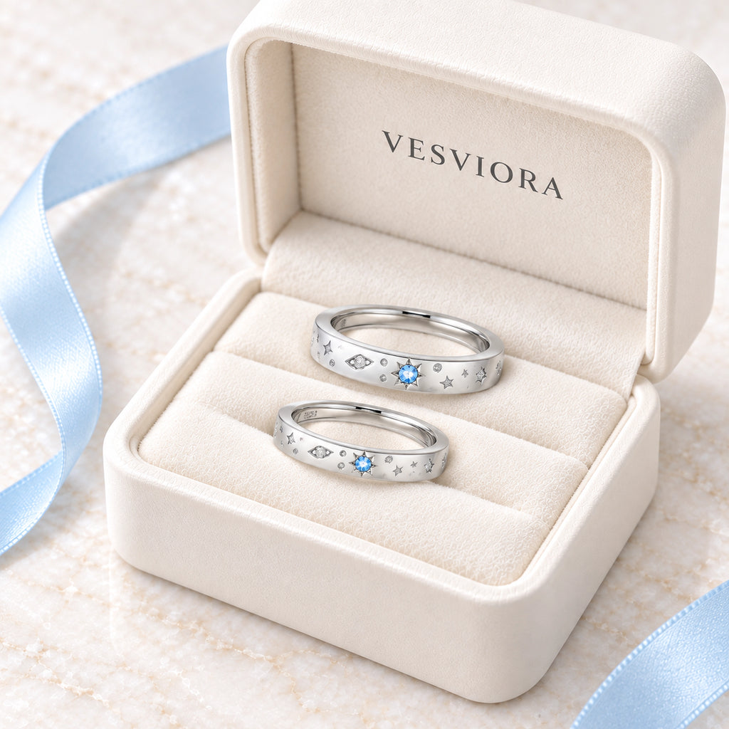 VESVIORA Galaxy Compass Couple Rings S925 Silver Set
