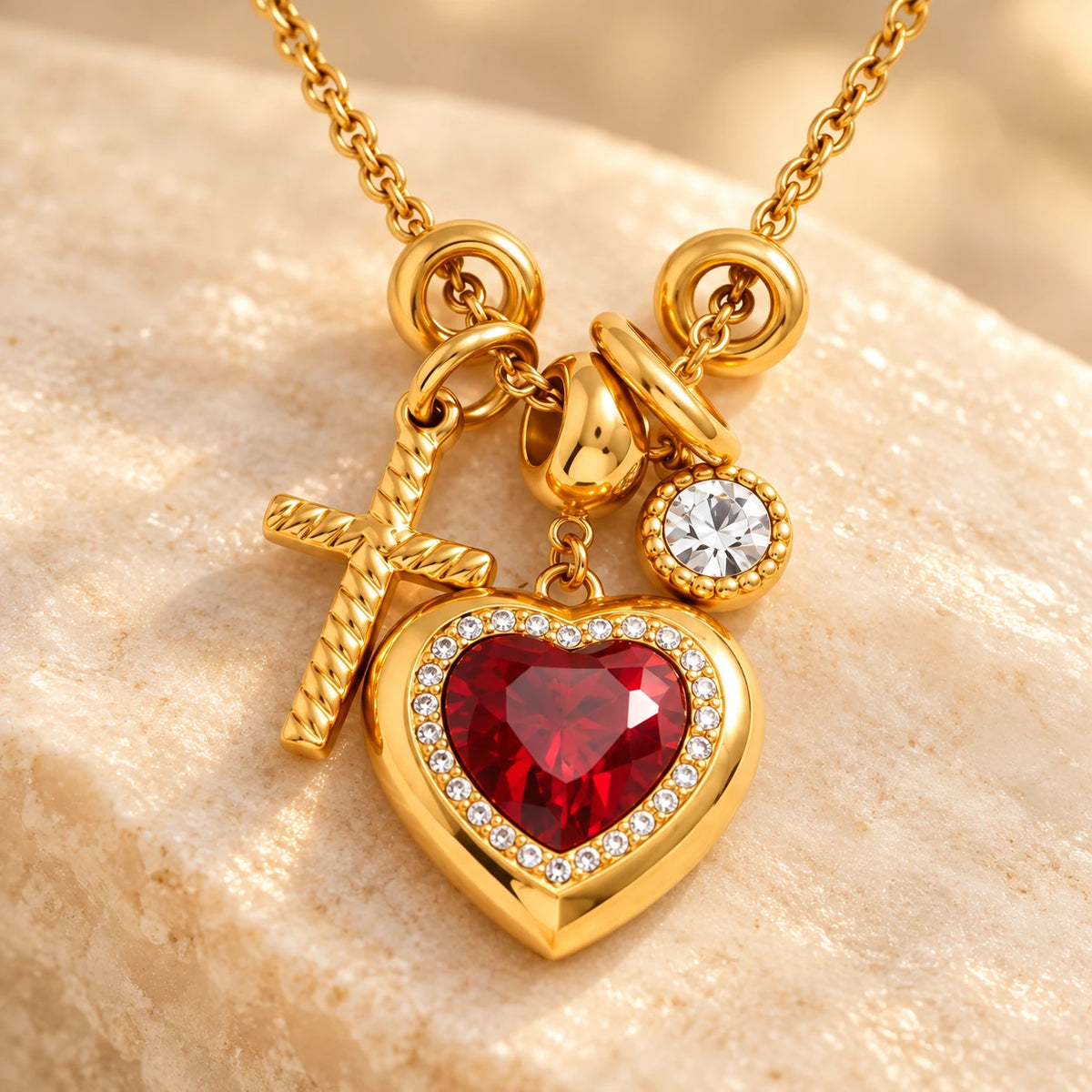 Vesviora Crimson Devotion Heart & Cross Charm Necklace