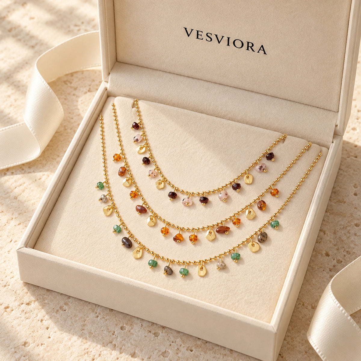 Vesviora Gold Multicolor Stone Charm Necklace Set