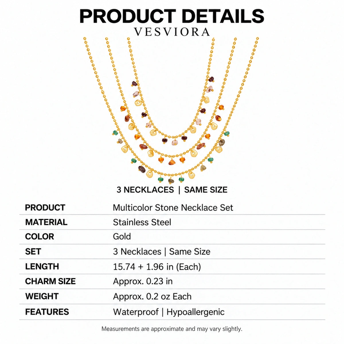 Vesviora Gold Multicolor Stone Charm Necklace Set