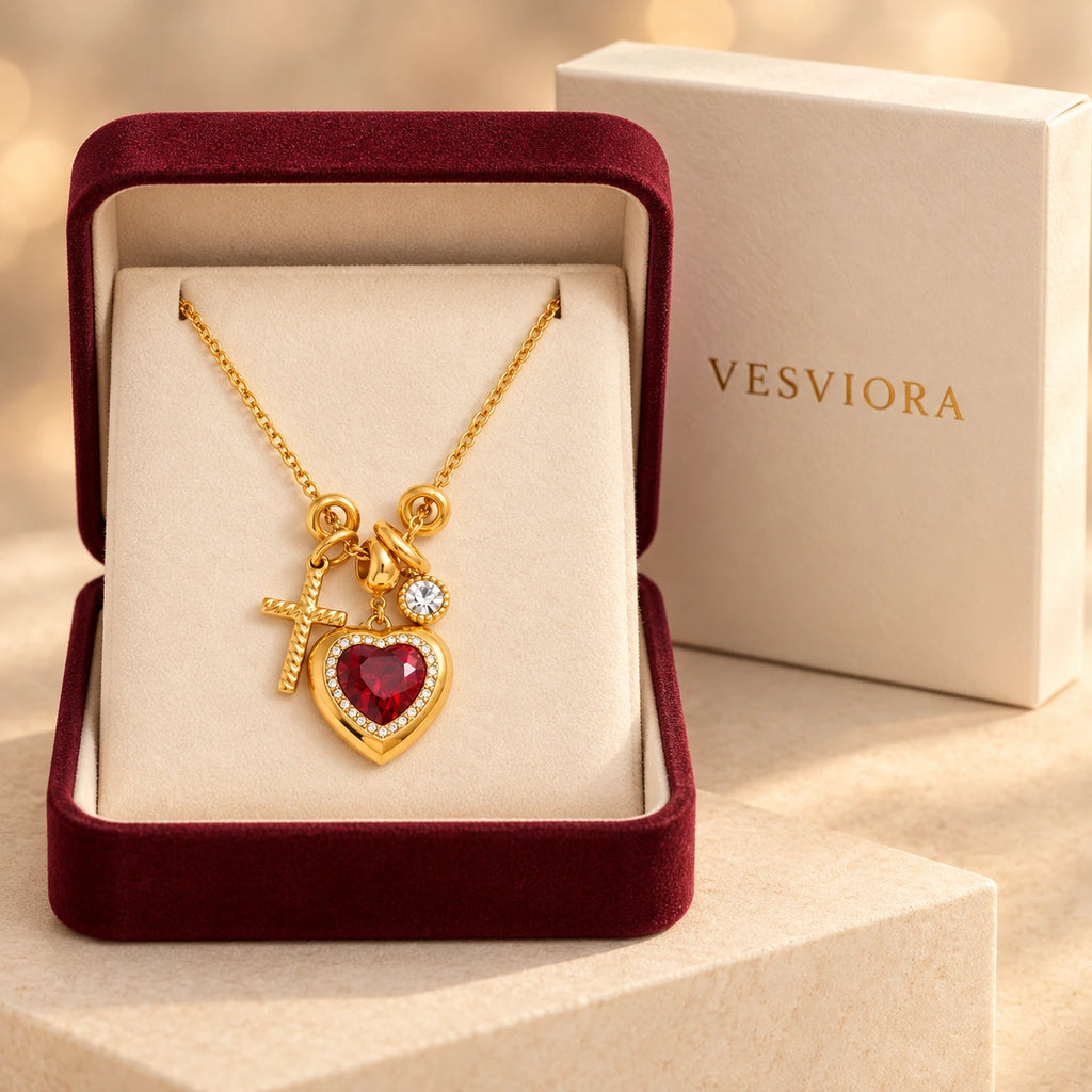 Vesviora Crimson Devotion Heart & Cross Charm Necklace