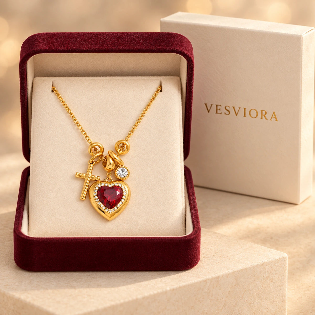 Vesviora Crimson Devotion Heart & Cross Charm Necklace