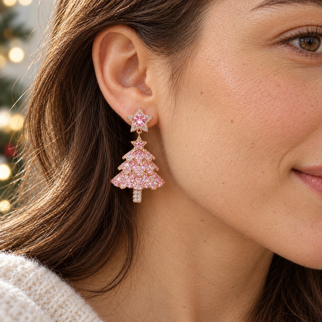 Vesviora Pink Crystal Christmas Tree Drop Earrings