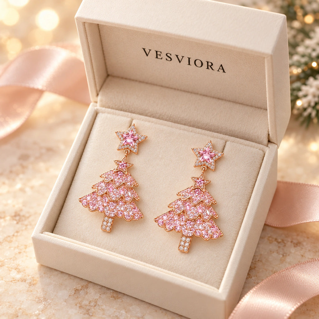 Vesviora Pink Crystal Christmas Tree Drop Earrings