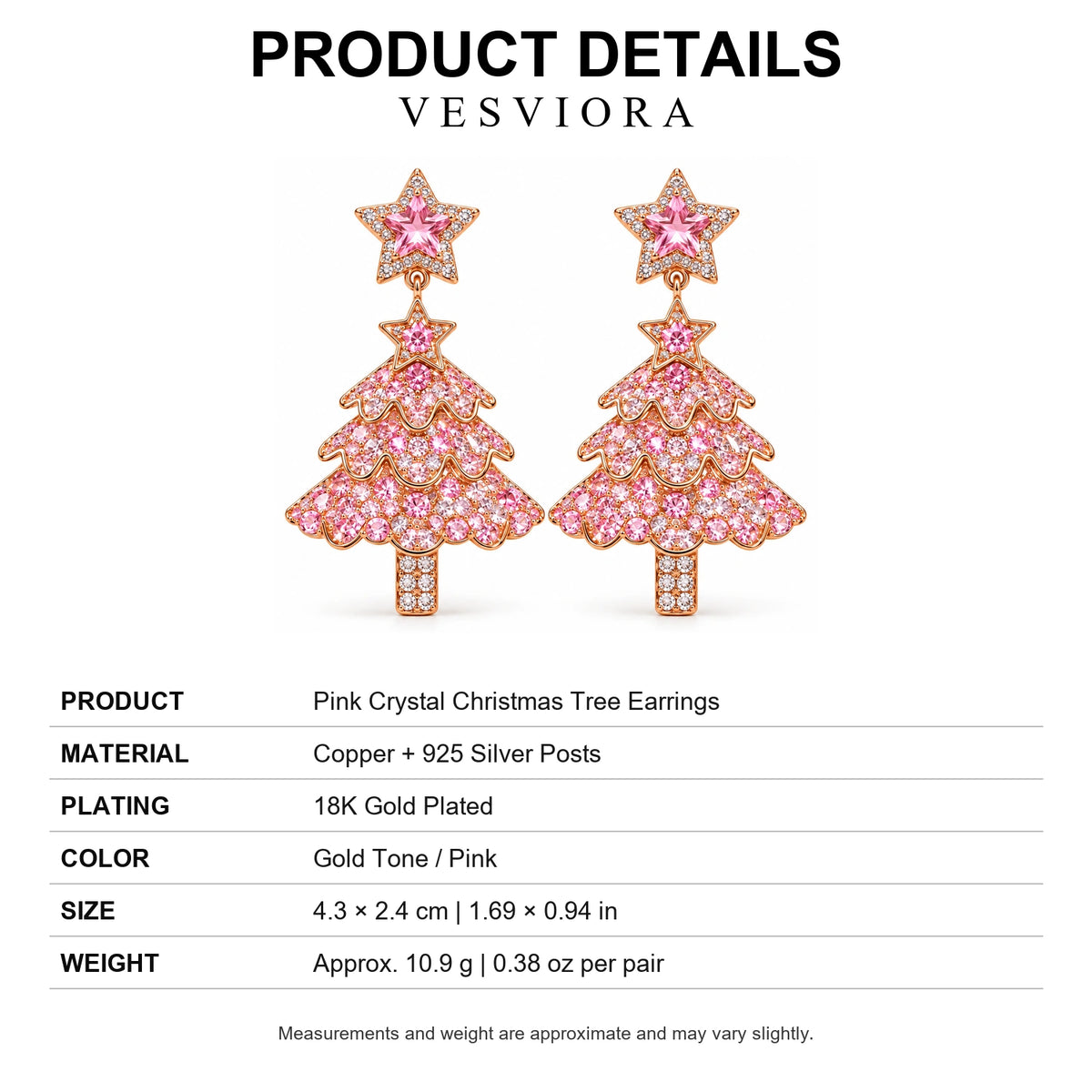 Vesviora Pink Crystal Christmas Tree Drop Earrings