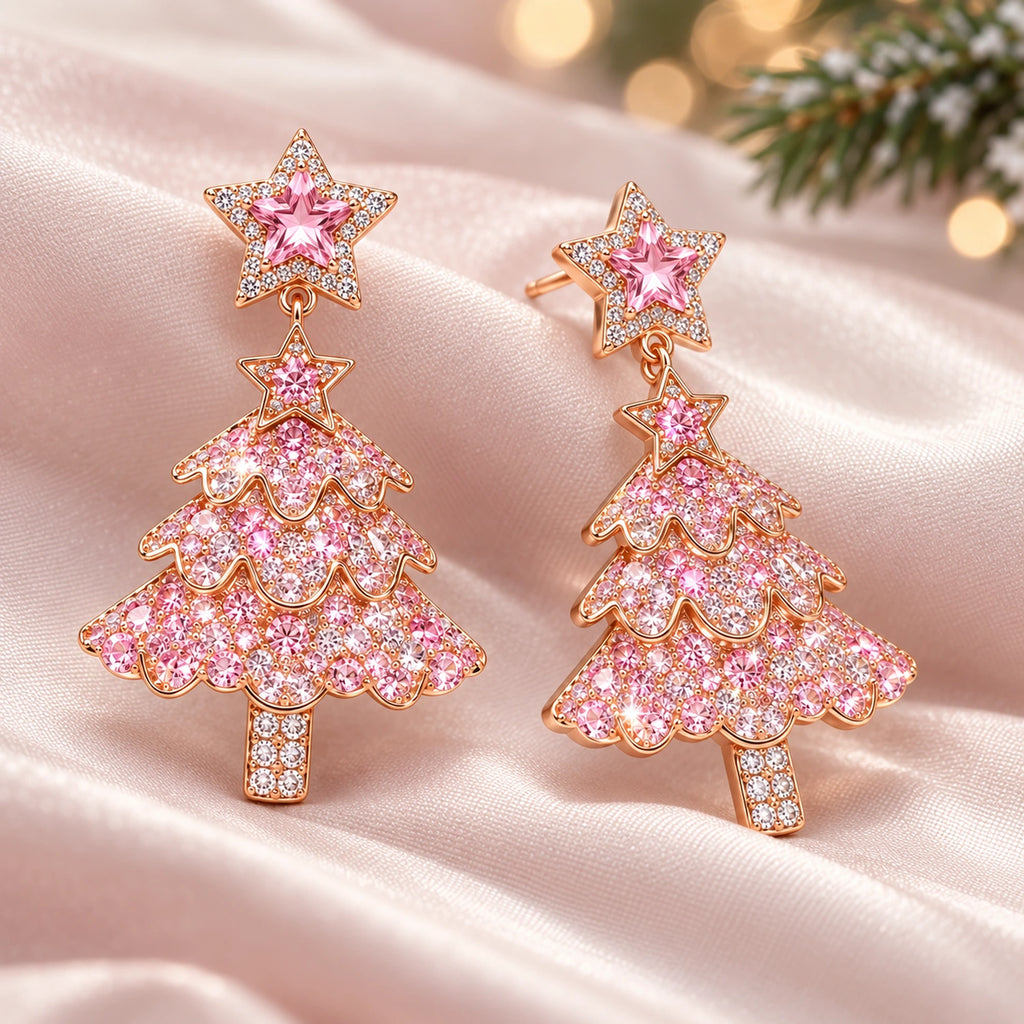 Vesviora Pink Crystal Christmas Tree Drop Earrings