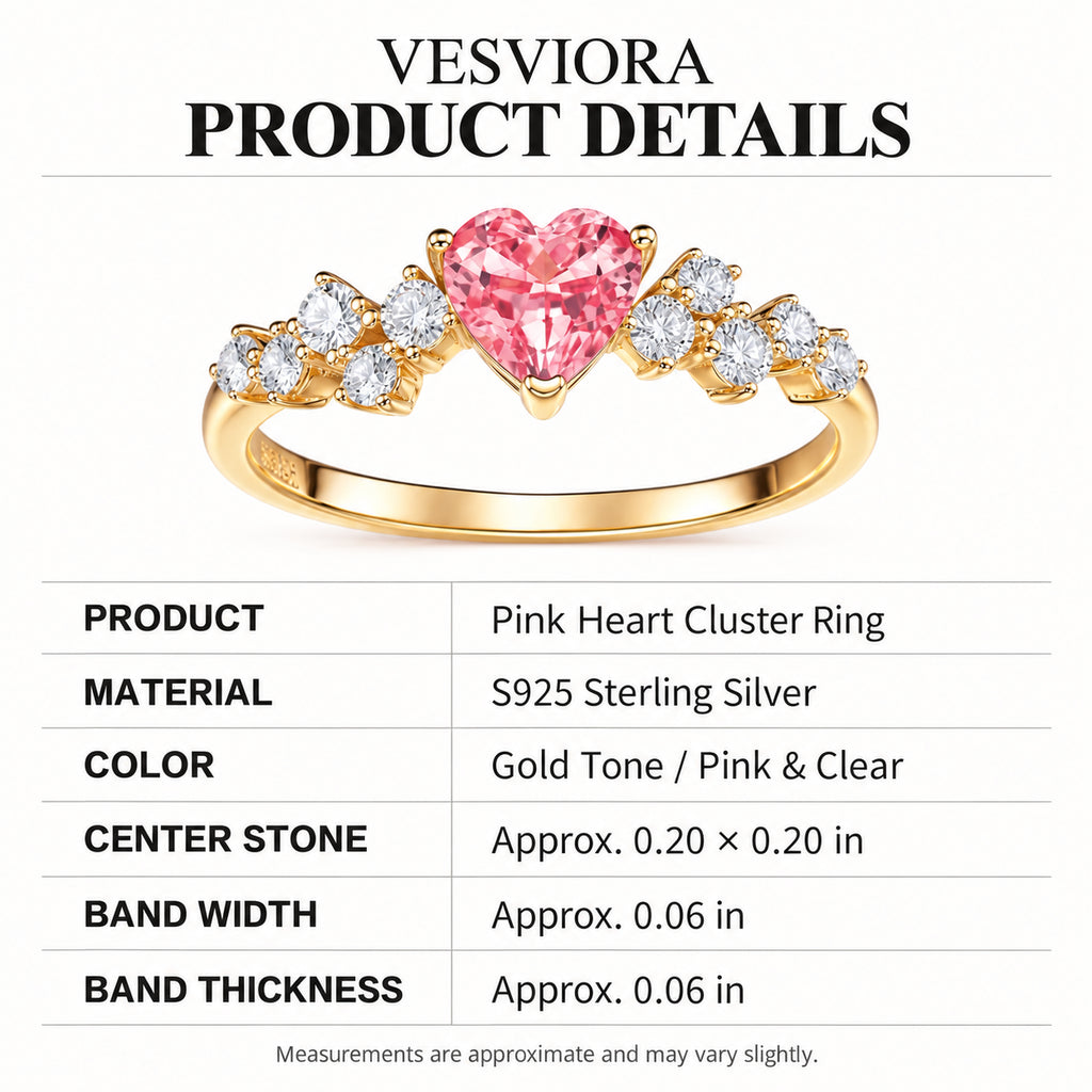 VESVIORA Lab-Grown Padparadscha Pink Heart Ring in Gold-Plated 925 Sterling Silver