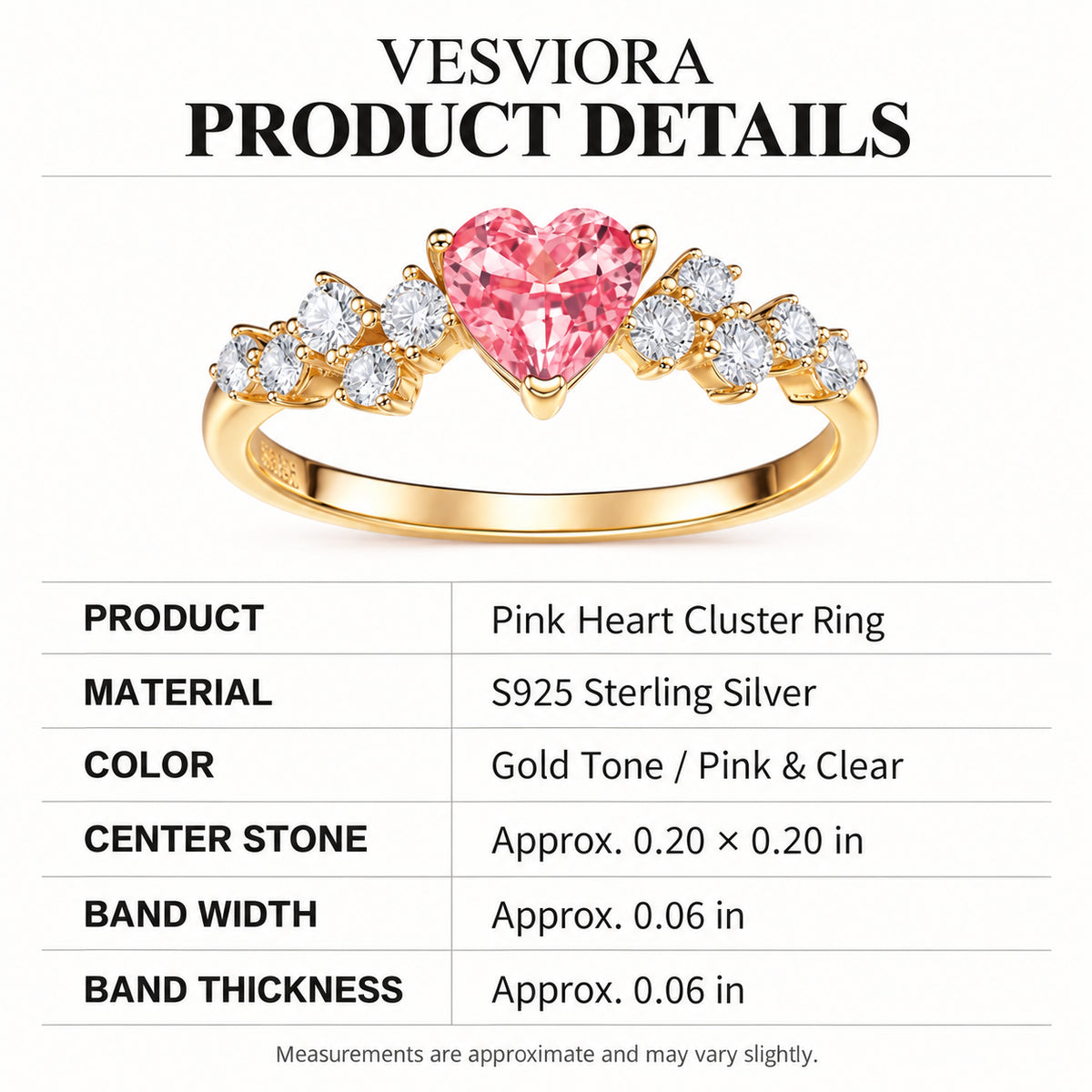 VESVIORA Lab-Grown Padparadscha Pink Heart Ring in Gold-Plated 925 Sterling Silver
