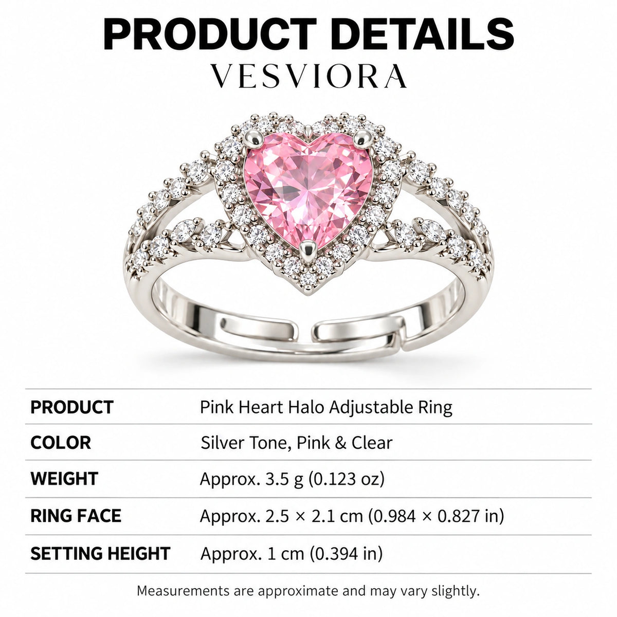 VESVIORA Pink Heart Halo Adjustable Ring
