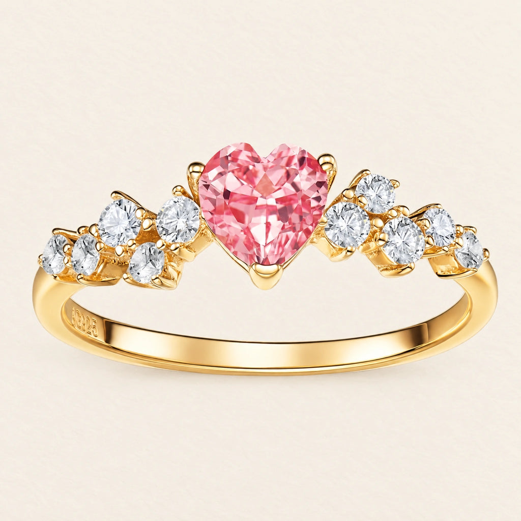 VESVIORA Lab-Grown Padparadscha Pink Heart Ring in Gold-Plated 925 Sterling Silver