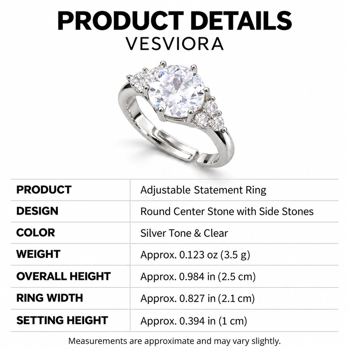 Vesviora Celestia Adjustable 925 Sterling Silver CZ Ring