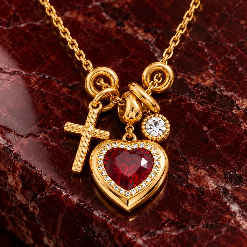 Vesviora Crimson Devotion Heart & Cross Charm Necklace